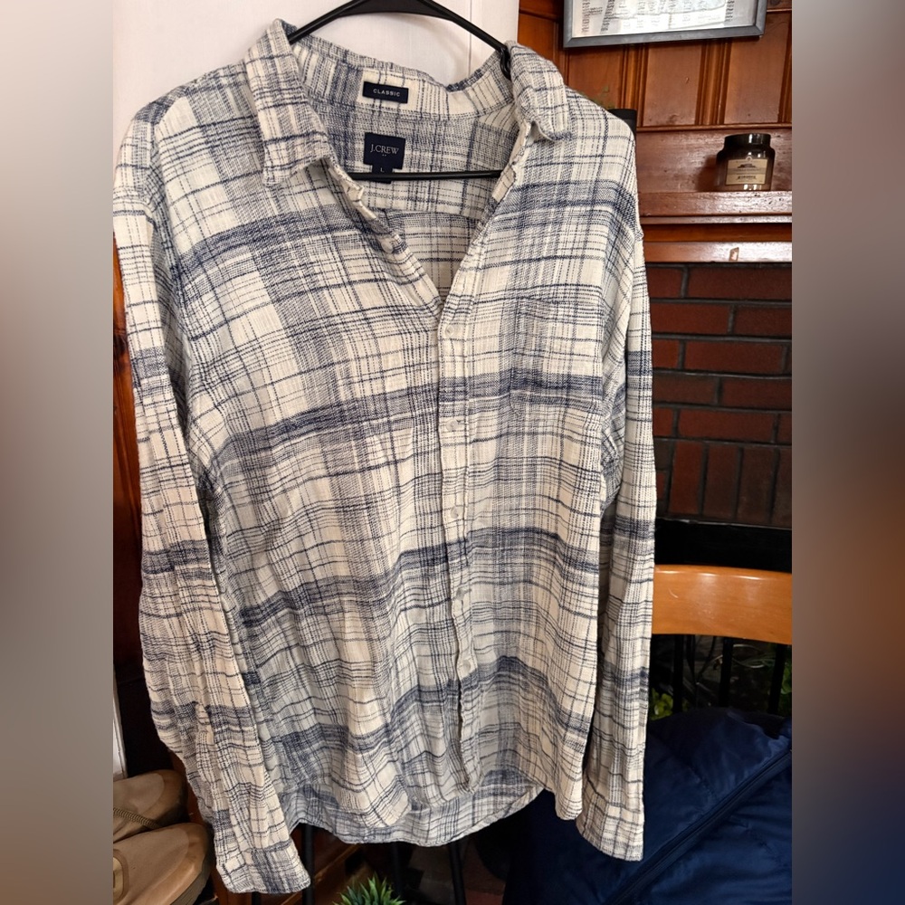 J.Crew Men’s Plaid Button Down Shirt Cream Blue Classic Fit Casual Cotton